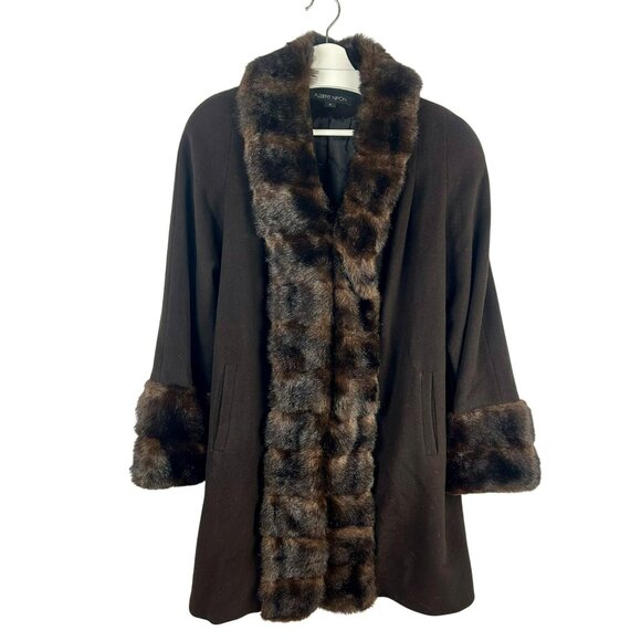 Vintage Albert Nipon Wool Faux Fur Swing Coat Women Medium Brown Mob Wife Work - Picture 1 of 8